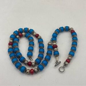 Coral and Blue Glass Beads Necklace and Bracelet Set with silver beads